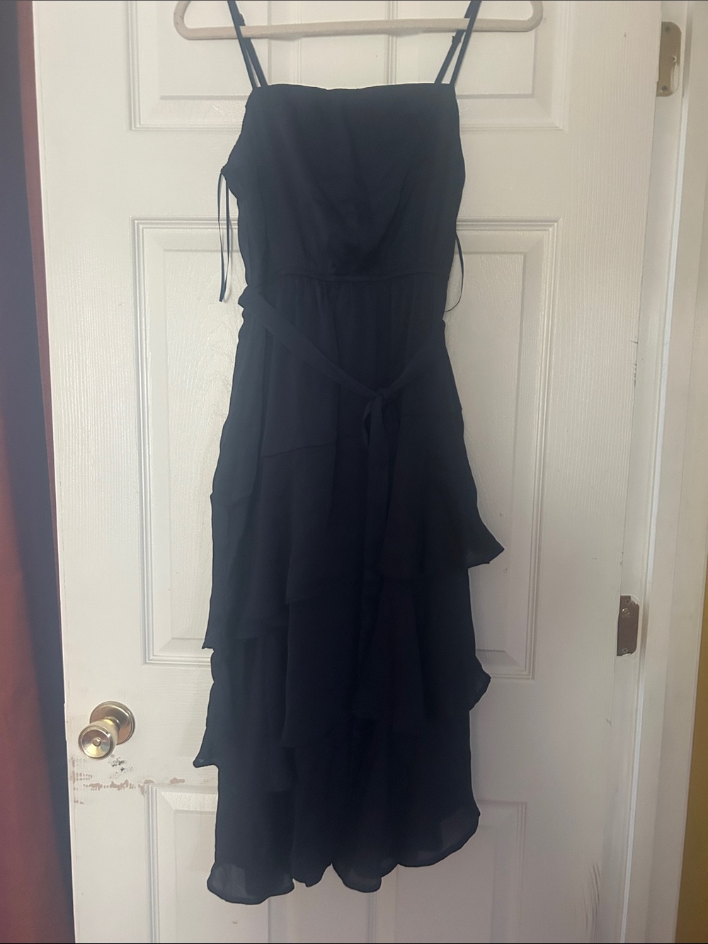 Francesca's Collections Navy Strapless Tiered Ruffle Maxi Dress with Waist Tie